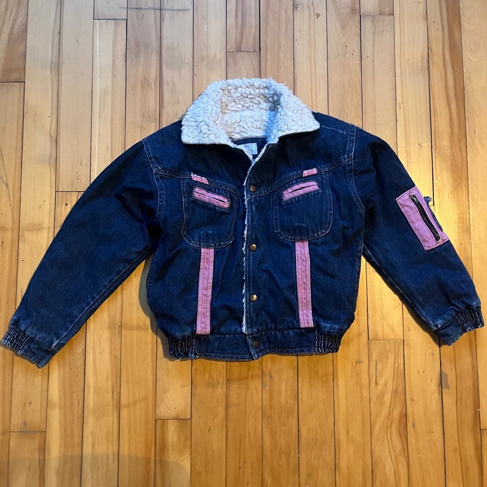 Kids Denim Jacket Sherpa Lined Pink Accents Pockets Zipper Size 8 Jensy